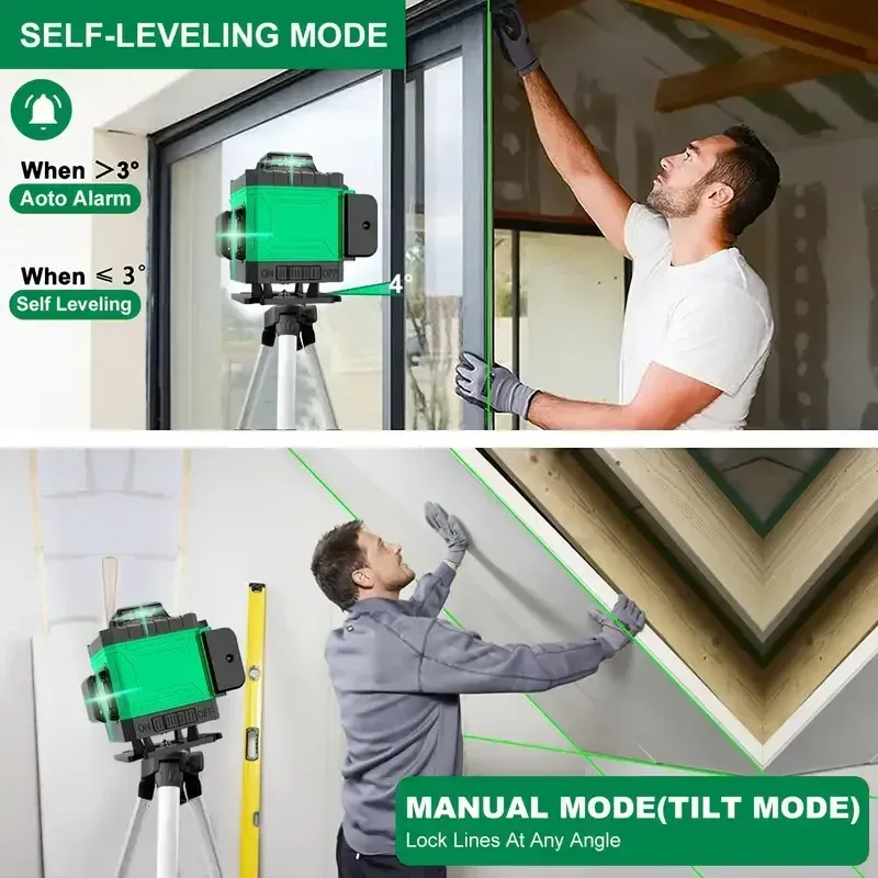 16 Lines 4D Laser Level - 360° Self-Leveling Rotary Cross Line Measure with 2 Batteries for Accurate Distance and Angle Measurements