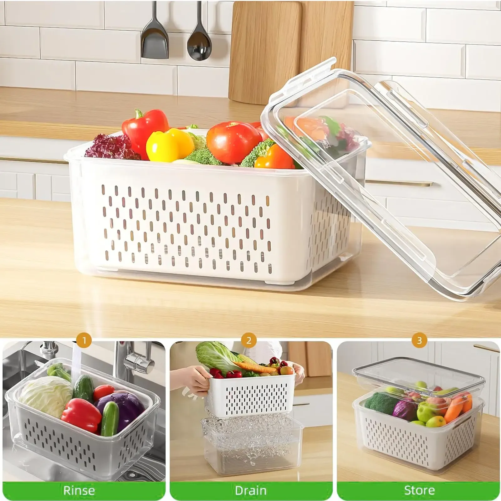 sjd⚡Flash Sale 50%OFF🍇3PCS Fruit Storage Container Set for Fridge with Removable Colander