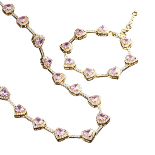 ✨DLJ-CePin✨Heart-Shaped Pink Gemstone Necklace and Bracelet Set