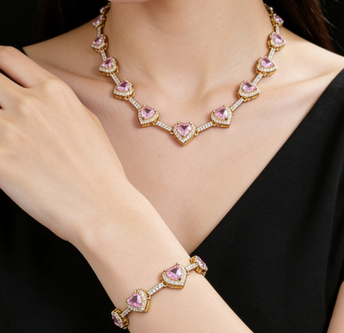 ✨DLJ-CePin✨Heart-Shaped Pink Gemstone Necklace and Bracelet Set