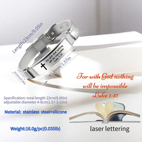 Adjustable stainless steel silicone bracelet with cross and Bible verse