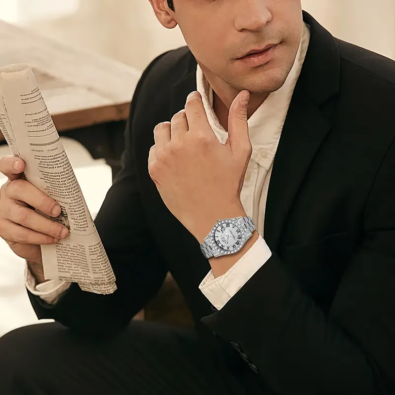 OIDEA Men's Rhinestone Diamond Watch: Luxury Roman Numeral Quartz Analog Watches for Men Waterproof Date Wrist Watch Business Casual Dress Watch Iced Out Watch