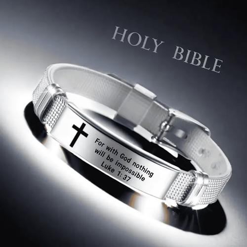 Adjustable stainless steel silicone bracelet with cross and Bible verse