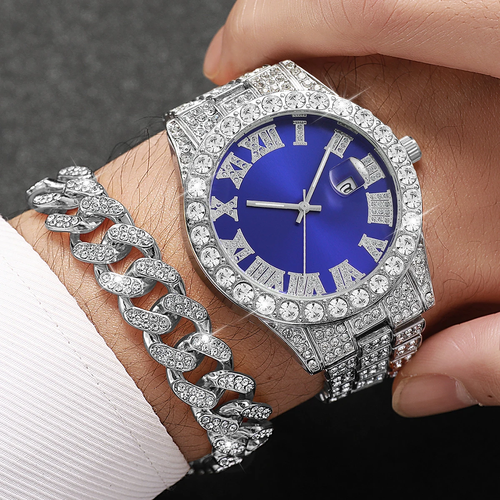 ✨DLJ-CePin✨3PCS Luxury Full Diamond Men Watch Bracelet Necklace Set