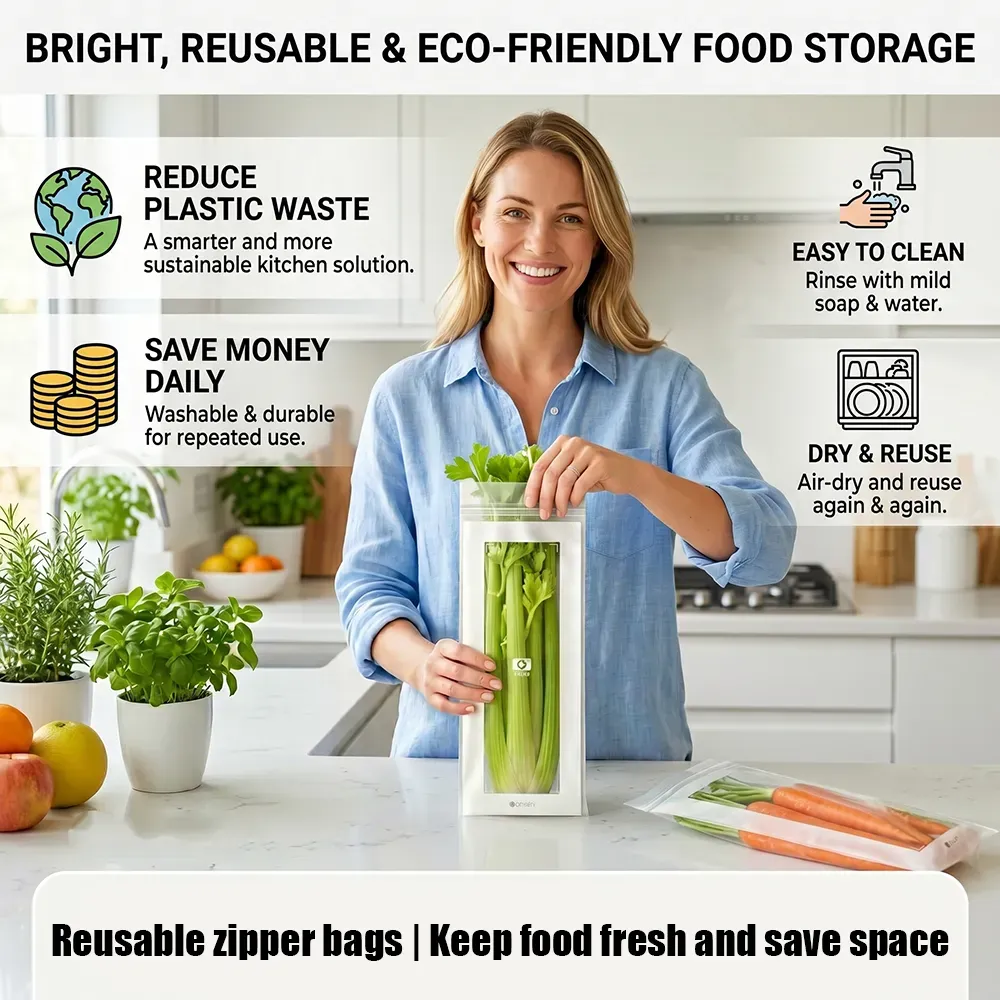 🥬 100PCS Reusable Long Food Storage Bags, Double-Zip Seal Freshness Bags for Kitchen