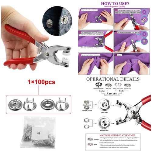 High-Quality Metal Tich Button Tool Kit with 50 Abaya Ring Buttons – Easy Snap Button Machine & Clipper for DIY Clothes, Hats, Caps & Crafts
