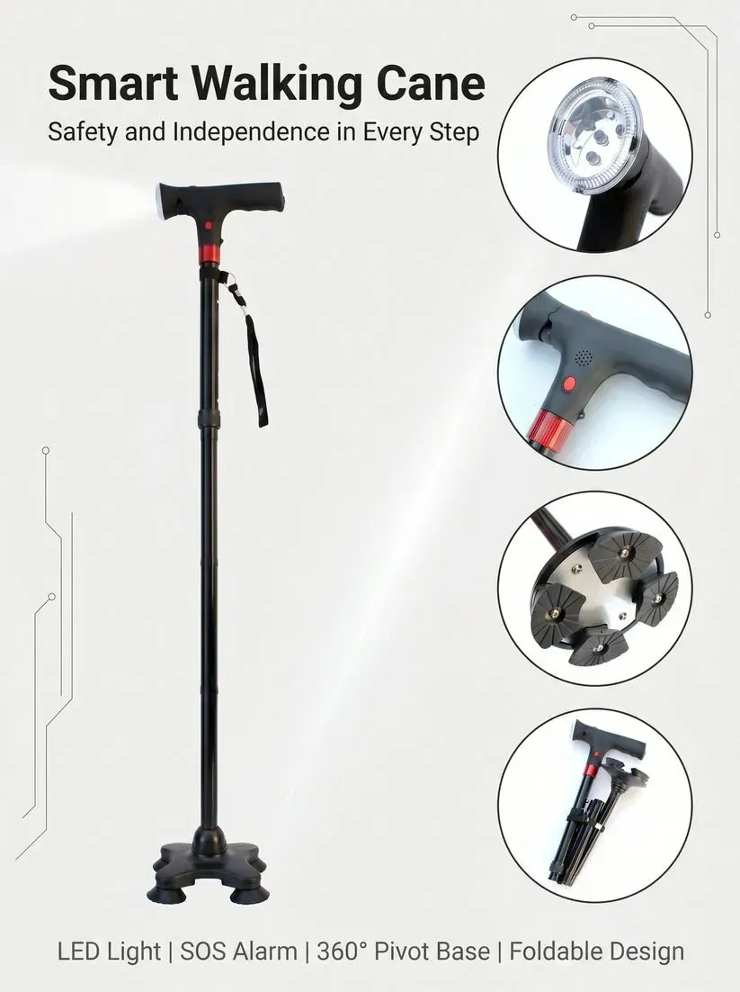 🔥 Must-Have Senior Smart Cane – Foldable Aluminum with LED Light & Quad Anti-Slip Feet