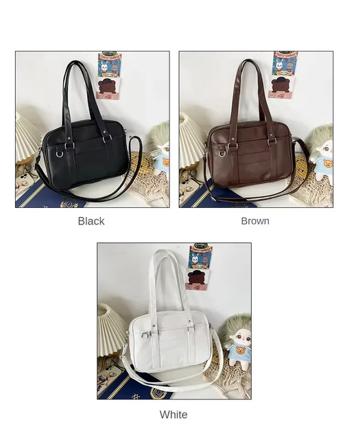 2025 New Japanese Academy JK Uniform Style PU Women's Bag - Waterproof Large Capacity Multi-Purpose Student Commute  Class Bag, Shoulder Handheld Tote Bag (Black White Brown 3 Colors Available)