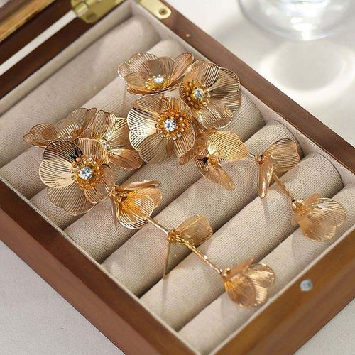 New Fashion Exaggerated Design Gold & Silver Metal Petal Diamond Earrings - Waterfall Fish Tail Pattern Long Tassel Dangle Earrings with Diamond-Inlaid Flower & Leaf Details, Luxury Elegant Tassel Drop Earrings for Party & Wedding