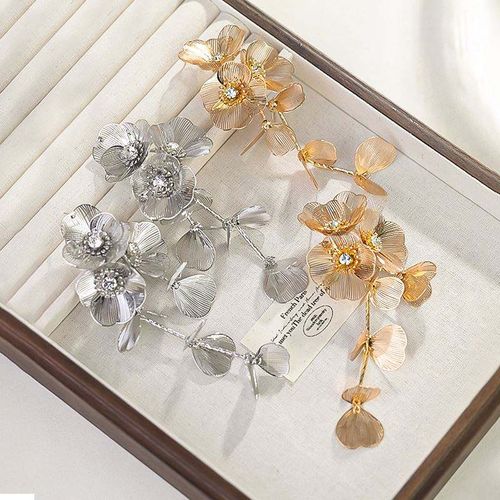 New Fashion Exaggerated Design Gold & Silver Metal Petal Diamond Earrings - Waterfall Fish Tail Pattern Long Tassel Dangle Earrings with Diamond-Inlaid Flower & Leaf Details, Luxury Elegant Tassel Drop Earrings for Party & Wedding