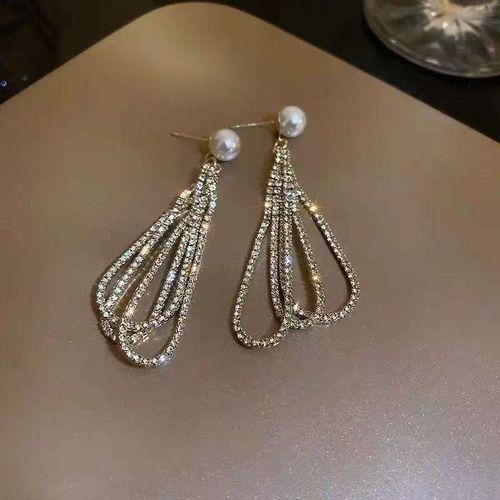 HL European American Style Exaggerated Double-Layer Teardrop Hoop Earrings - Long Water Drop Earrings with Full Diamonds, Fashion Personality Jewelry for Internet Celebrity Women