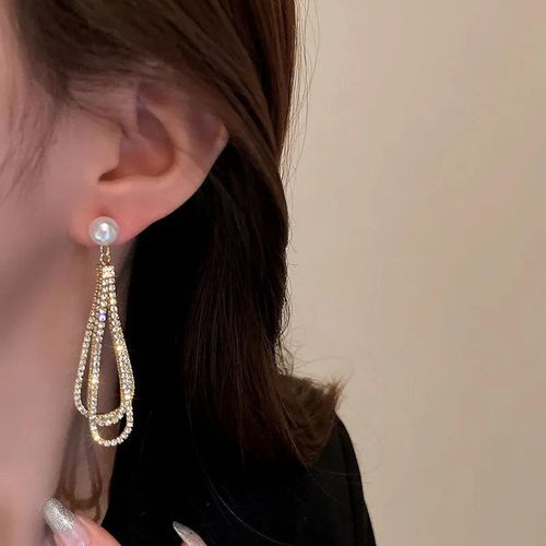 HL European American Style Exaggerated Double-Layer Teardrop Hoop Earrings - Long Water Drop Earrings with Full Diamonds, Fashion Personality Jewelry for Internet Celebrity Women