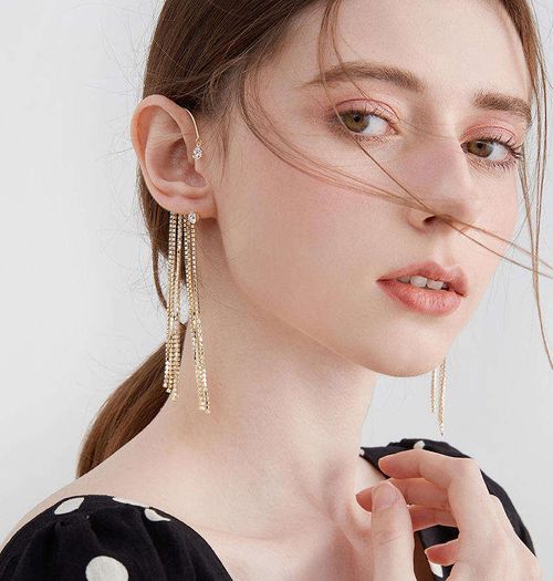 New Fashion No-Pierced Clip-On Earrings for Women - Luxury Shiny Crystal Rhinestone Long Tassel Chain Cuff, Simple Cartilage Ear Cuff Jewelry Gift with Trendy Design