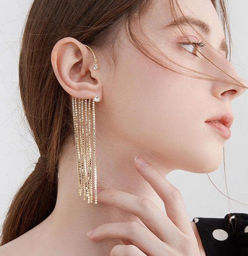 New Fashion No-Pierced Clip-On Earrings for Women - Luxury Shiny Crystal Rhinestone Long Tassel Chain Cuff, Simple Cartilage Ear Cuff Jewelry Gift with Trendy Design