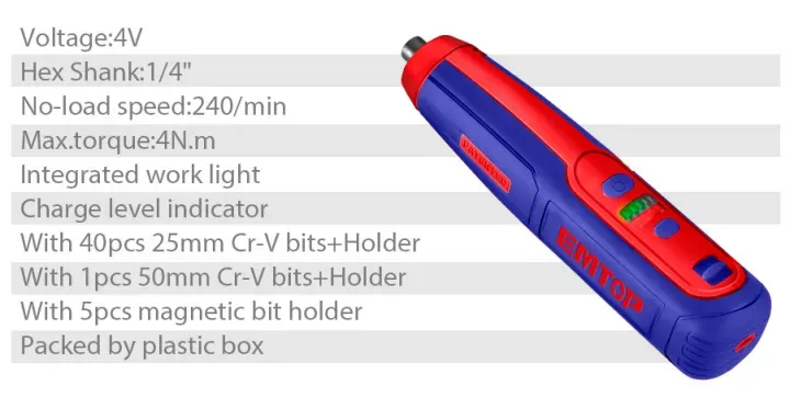 EMTOP ECSR0403 4V Lithium-Ion Cordless Electric Screwdriver with 40pcs 25mm Cr-V bits+Holder, 1pcs 50mm Cr-V bits+Holder ,5pcs magnetic bit holder