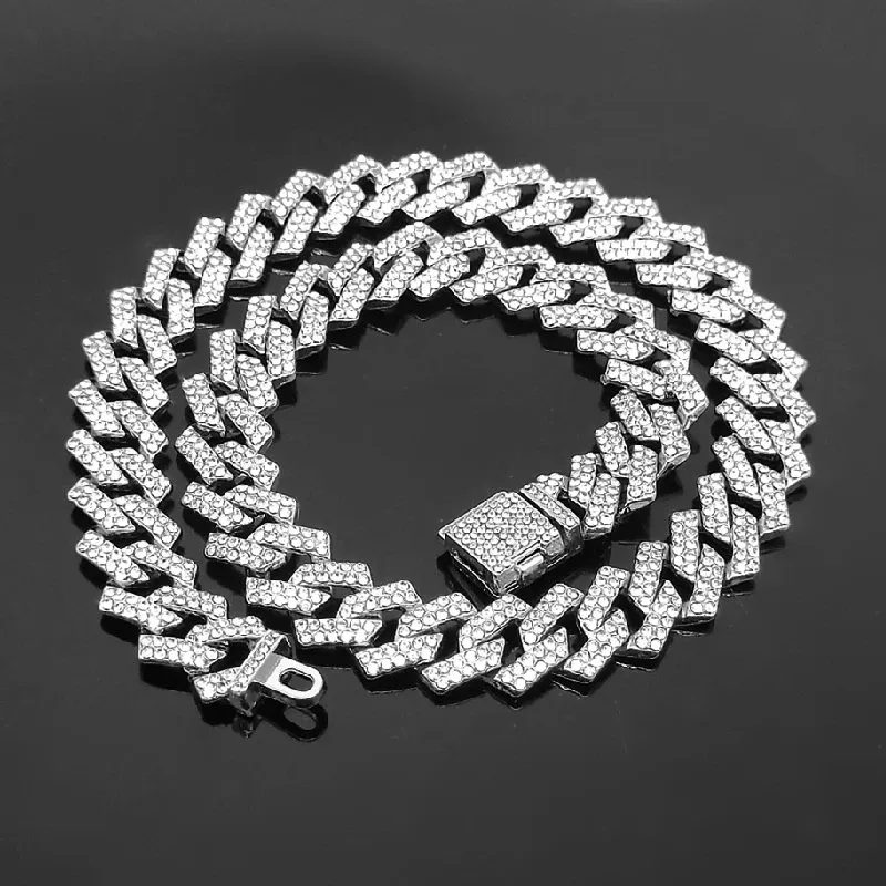 Miami Cuban Link Chain for Men 15mm Diamond Iced Out Cuban Link Chain Necklace Bracelet Hip Hop Jewelry Mens