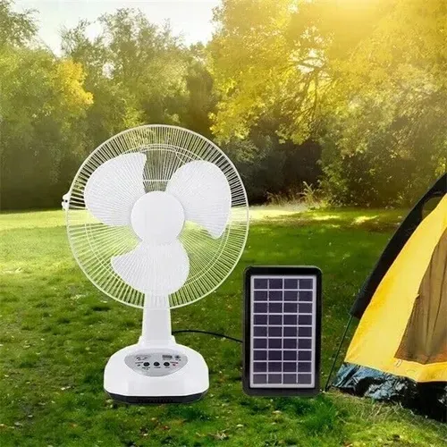 New rechargeable fan with solar panel, USB port, LED lights