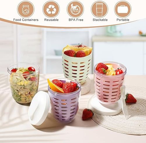 Portable Picnic Party Fruit Salad Storage Cup with Lids and Fork,20 Oz Fruit Storage Containers for Fridge with Removable Colander BPA-Free,Leak-Proof,Keep Fruits,Berry,Salad Fresh longer (pin+gre+ye)