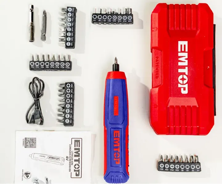 EMTOP ECSR0403 4V Lithium-Ion Cordless Electric Screwdriver with 40pcs 25mm Cr-V bits+Holder, 1pcs 50mm Cr-V bits+Holder ,5pcs magnetic bit holder