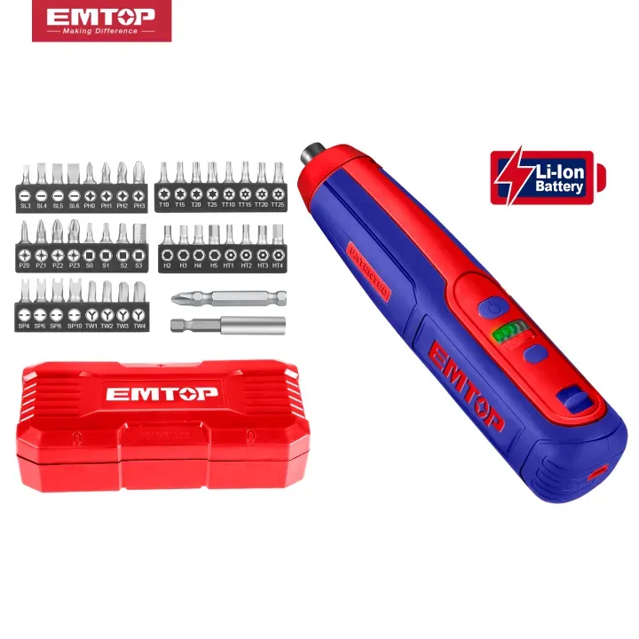 EMTOP ECSR0403 4V Lithium-Ion Cordless Electric Screwdriver with 40pcs 25mm Cr-V bits+Holder, 1pcs 50mm Cr-V bits+Holder ,5pcs magnetic bit holder