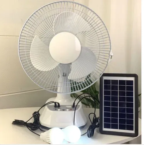 New rechargeable fan with solar panel, USB port, LED lights