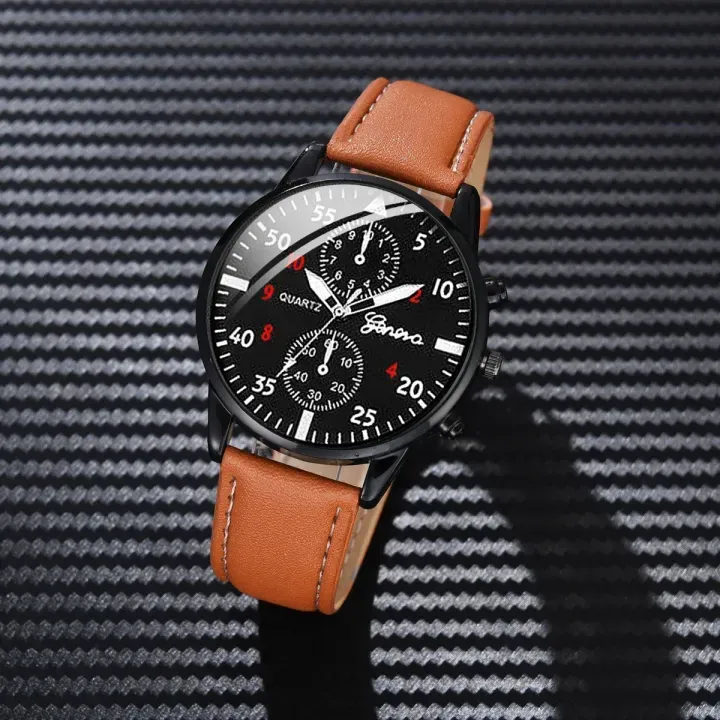 New Men Watch Luxury Bracelet Set Fashion Business Brown Leather Quartz Wrist Watches for Men Gift