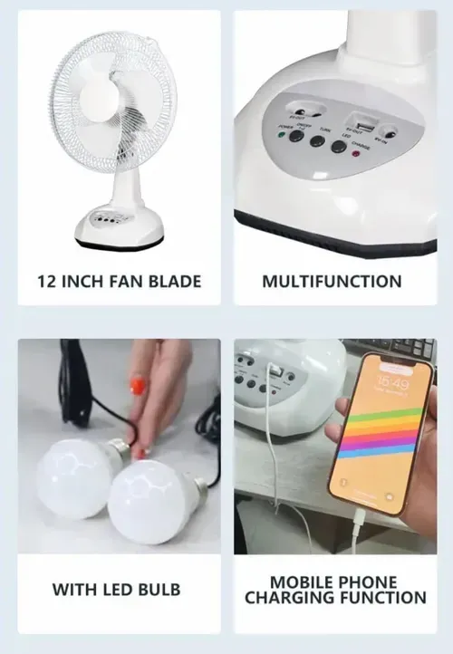 New rechargeable fan with solar panel, USB port, LED lights