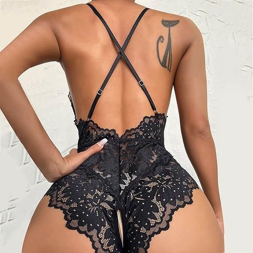 Climsphere Women Deep V Floral Lace Criss Cross Backless Teddy Babydoll One Piece Lingerie