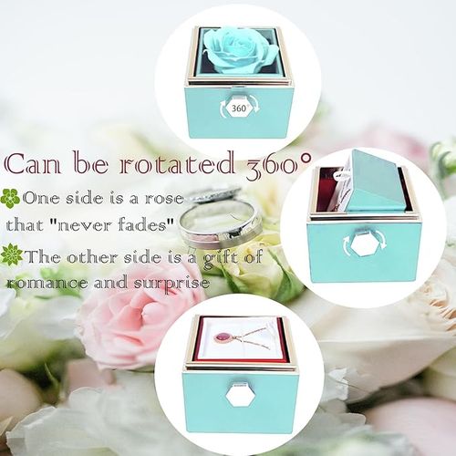 Creative 360 Degree Rotatable Preserved Real Rose Jewelry Ring Box For Proposal, Wedding, Ceremony Gift, Necklace Jewelry Case Gift Boxes For Birthday (Blue)