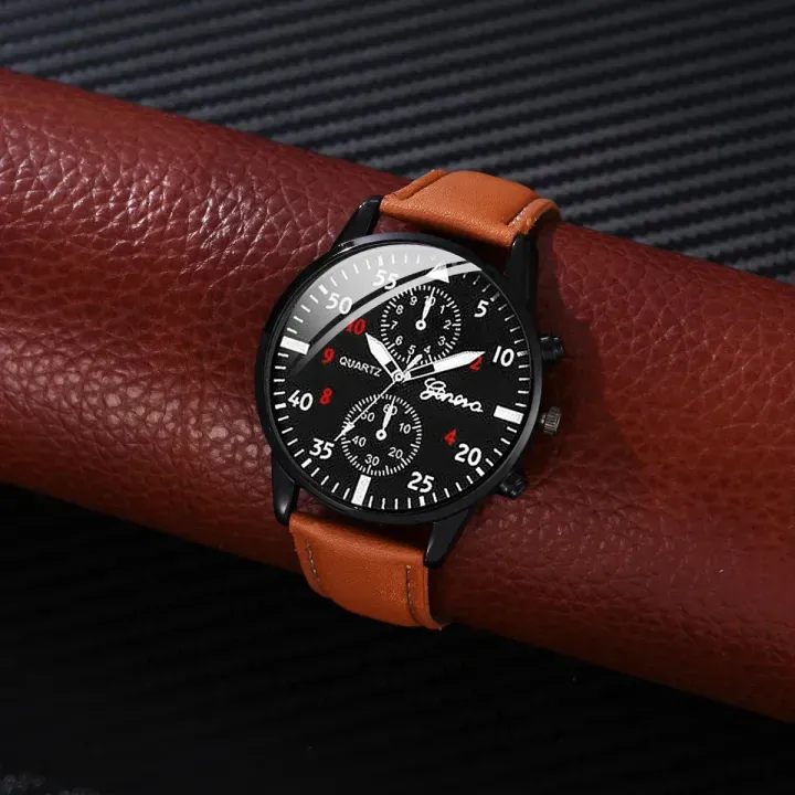 New Men Watch Luxury Bracelet Set Fashion Business Brown Leather Quartz Wrist Watches for Men Gift