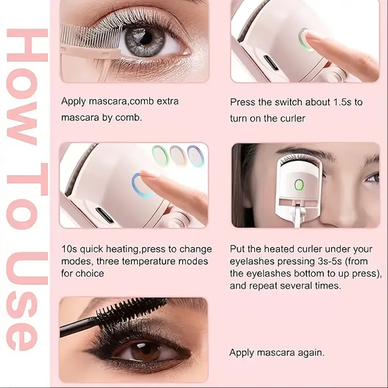 24-Hour Long-Lasting Curl Heated Eyelash Curler with Comb - USB Rechargeable,