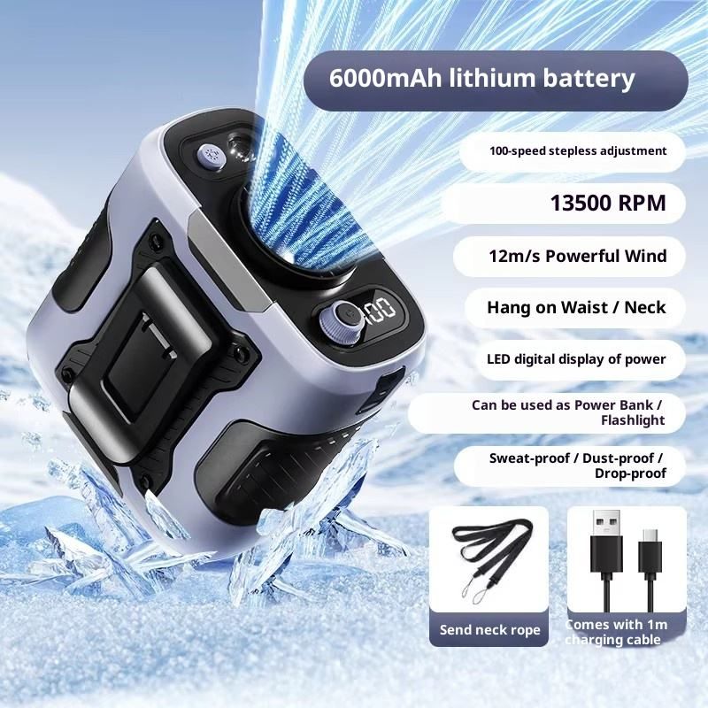 6000mAh USB High-Speed Wearable Fan Light Waist Clip Portable Rechargeable Battery Outdoor Household Use Cooling Fan Brushless