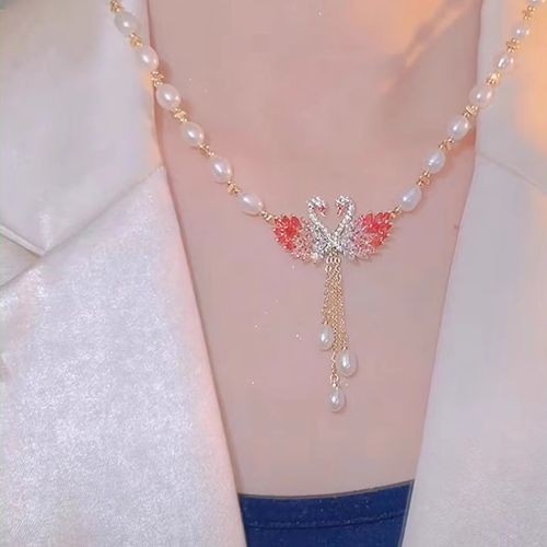 Sparkling Imitation Pearl ZIRCON Butterfly Fringe Rose Gold Plated Chain Necklace for Women's Banquet Bohemia Accessory