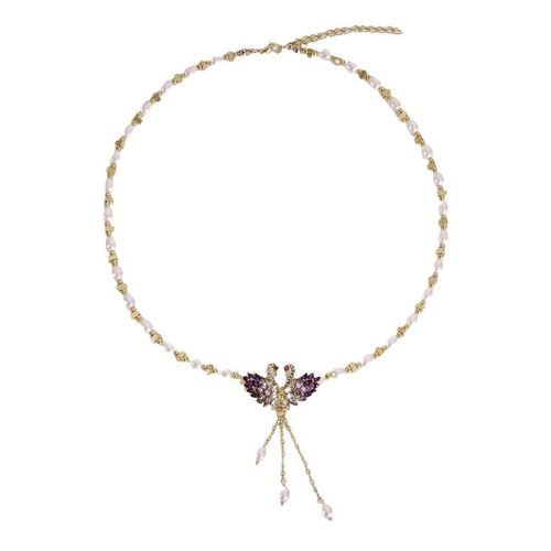 Sparkling Imitation Pearl ZIRCON Butterfly Fringe Rose Gold Plated Chain Necklace for Women's Banquet Bohemia Accessory