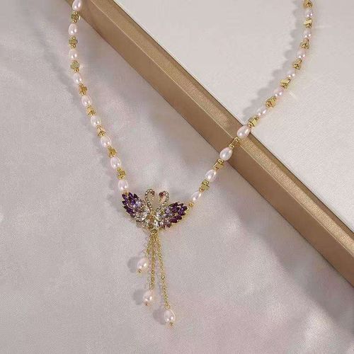 Sparkling Imitation Pearl ZIRCON Butterfly Fringe Rose Gold Plated Chain Necklace for Women's Banquet Bohemia Accessory