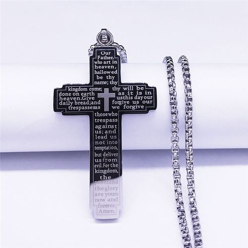 Jesus Crucifix Lords Prayer Faith Based Christian Bible Cross Male Stainless Steel Religious Pendant Fashion Jewelry Necklaces