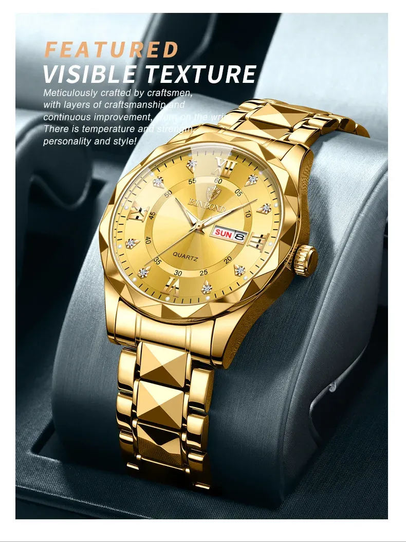 Business waterproof luminous dual calendar men's quartz watch with diamond-shaped pointed top