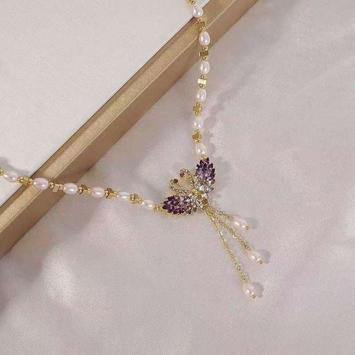 Sparkling Imitation Pearl ZIRCON Butterfly Fringe Rose Gold Plated Chain Necklace for Women's Banquet Bohemia Accessory