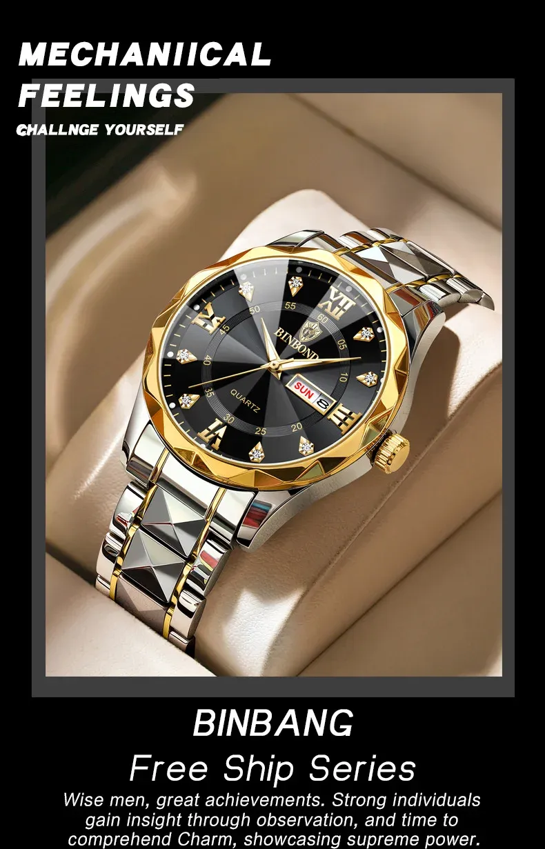 Business waterproof luminous dual calendar men's quartz watch with diamond-shaped pointed top