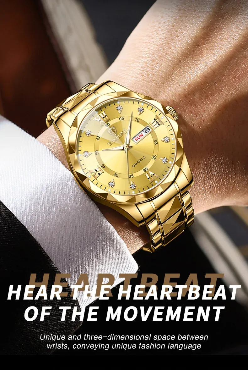 Business waterproof luminous dual calendar men's quartz watch with diamond-shaped pointed top