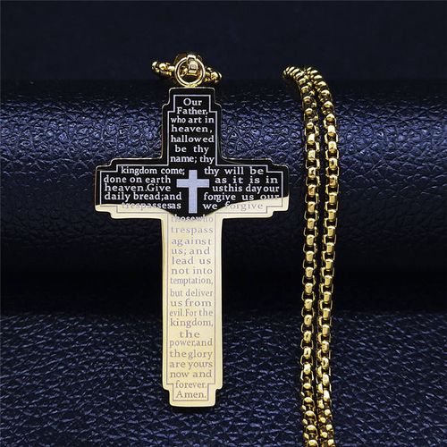 Jesus Crucifix Lords Prayer Faith Based Christian Bible Cross Male Stainless Steel Religious Pendant Fashion Jewelry Necklaces