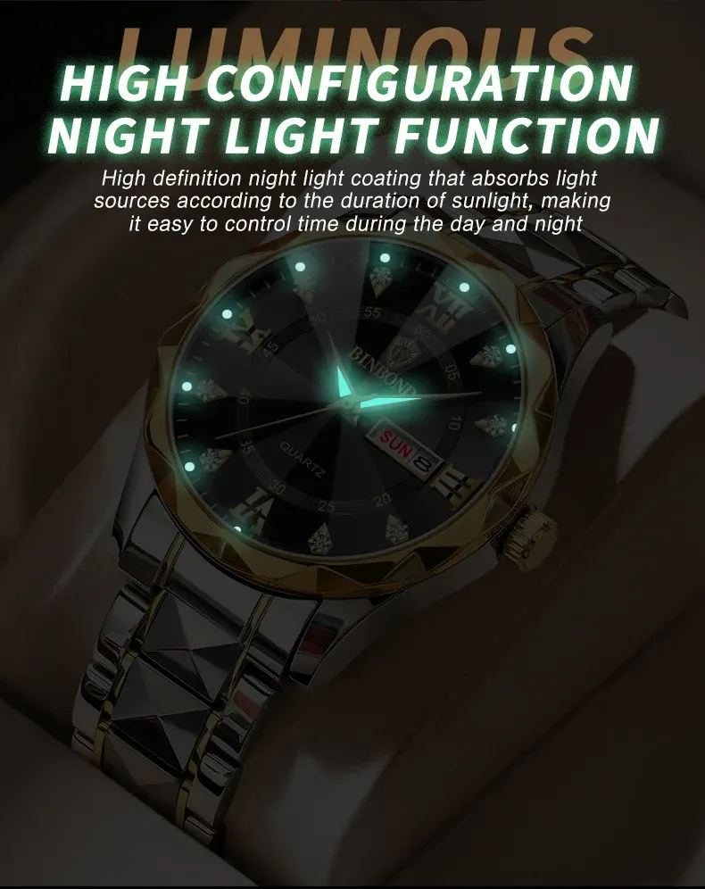 Business waterproof luminous dual calendar men's quartz watch with diamond-shaped pointed top
