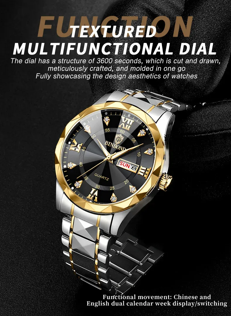 Business waterproof luminous dual calendar men's quartz watch with diamond-shaped pointed top