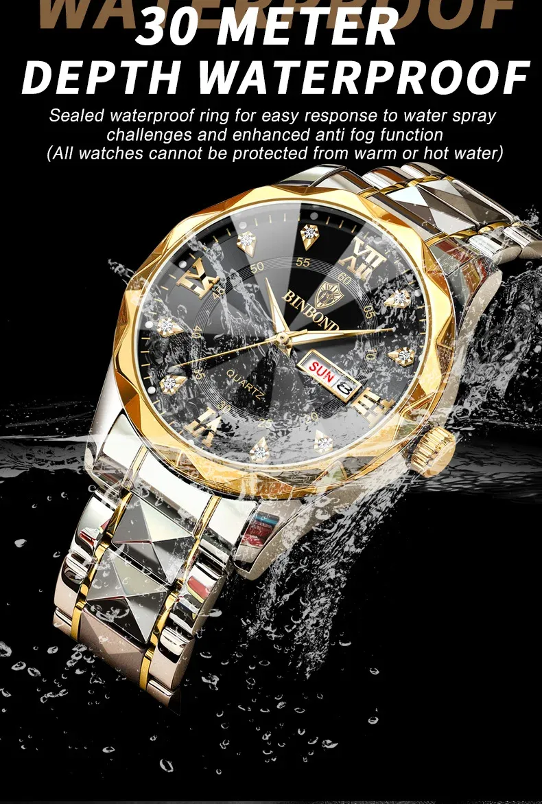 Business waterproof luminous dual calendar men's quartz watch with diamond-shaped pointed top