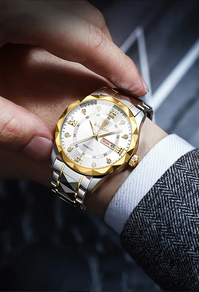 Business waterproof luminous dual calendar men's quartz watch with diamond-shaped pointed top