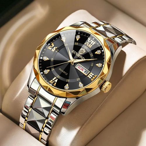 Business waterproof luminous dual calendar men's quartz watch with diamond-shaped pointed top