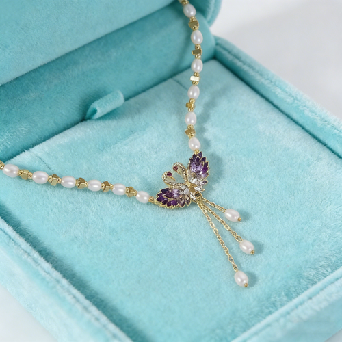 Sparkling Imitation Pearl ZIRCON Butterfly Fringe Rose Gold Plated Chain Necklace for Women's Banquet Bohemia Accessory