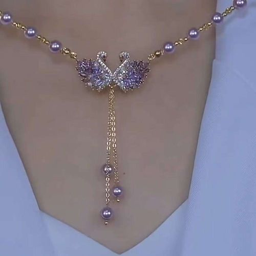Sparkling Imitation Pearl ZIRCON Butterfly Fringe Rose Gold Plated Chain Necklace for Women's Banquet Bohemia Accessory
