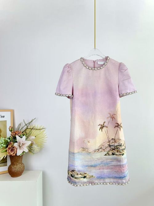 Celebrity light luxury temperament heavy beaded coconut tree island print dress women's summer A-skirt