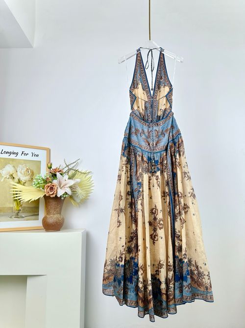Small deep V-neck halter neck painted floral slit skirt tie waist backless dress
